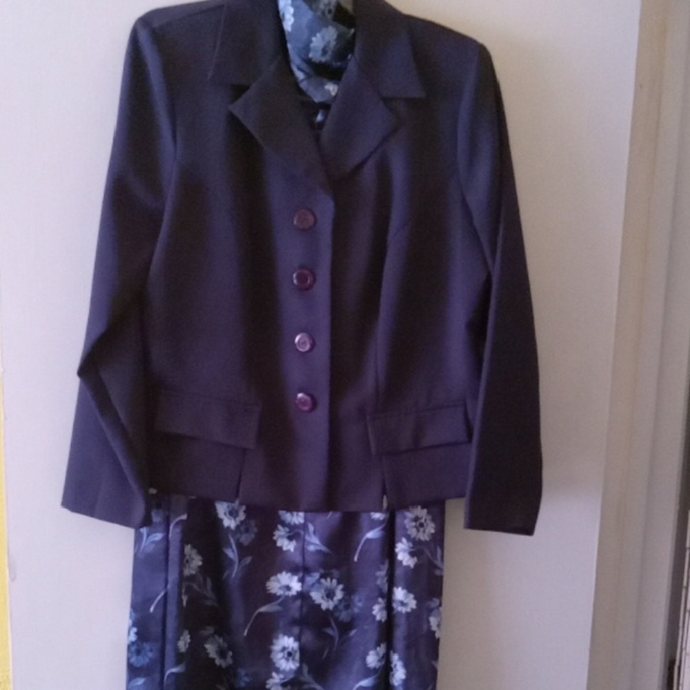 Elegant Navy Blue Blazer, Scarf And Skirt
